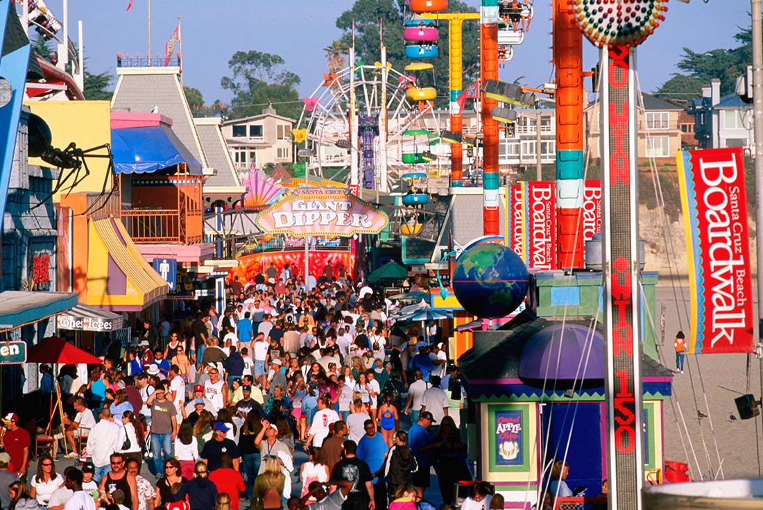 The Santa Cruz Boardwalk with fair rides and food, California, USA